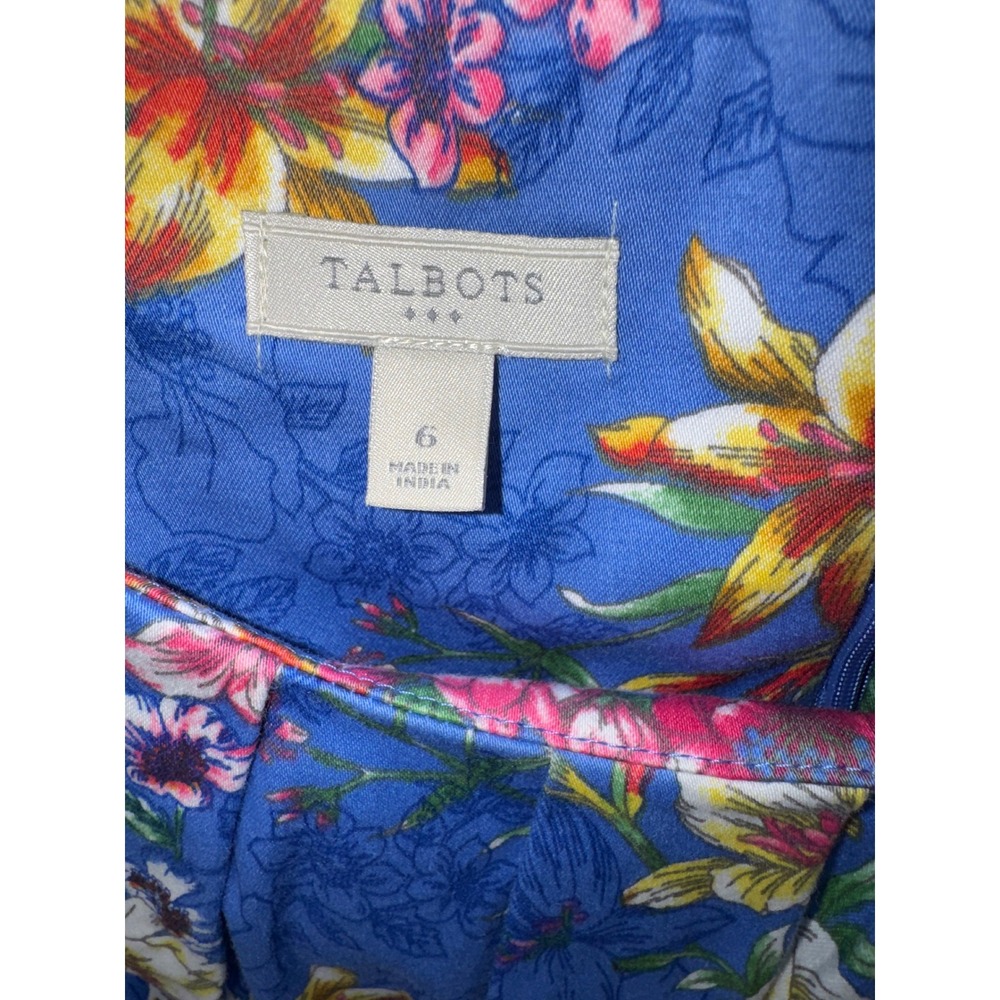 Talbots Blue Floral Sleeveless Sheath Dress Womens Size 6 Pleated Scoop Neck - Picture 2 of 3